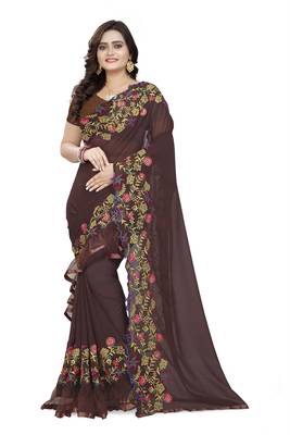 Brown Embroidered Georgette Saree With Blouse 1