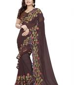 Brown Embroidered Georgette Saree With Blouse