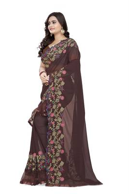 Brown Embroidered Georgette Saree With Blouse 2