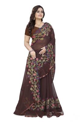 Brown Embroidered Georgette Saree With Blouse 3
