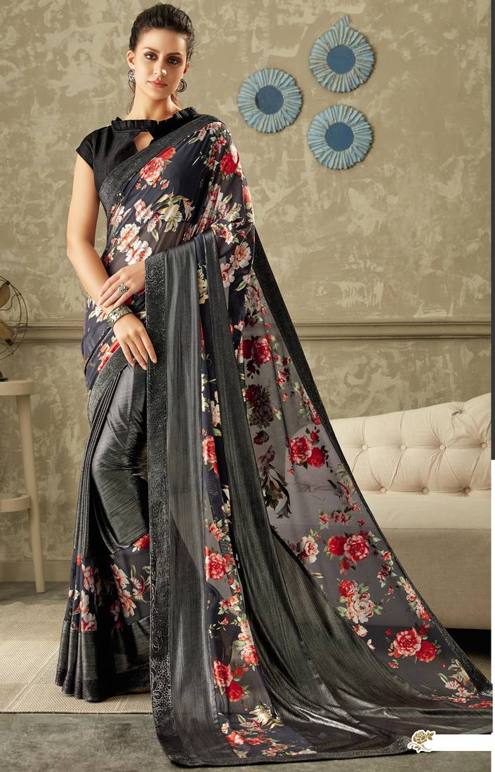 Silver embroidered Lycra saree with blouse