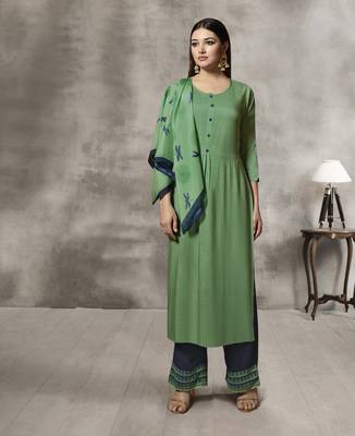 Partywear Green Rayon Printed Stitched Kurti 1