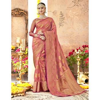 Peach woven tissue saree with blouse 1