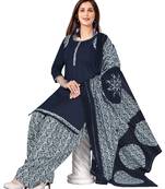 Navy Blue & Grey Printed Women's Unstitched Salwar Suits dress material with Dupatta