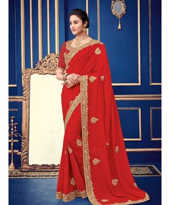 red embroidered georgette saree with blouse 1