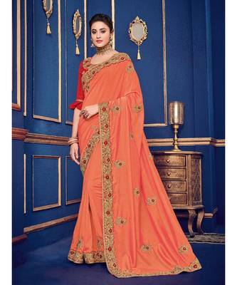 orange embroidered silk blend saree with blouse 1