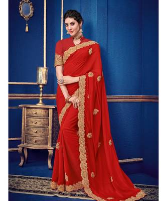 red embroidered georgette saree with blouse 1