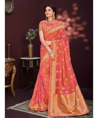 red embroidered banarasi silk saree with blouse 1