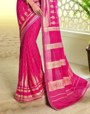Pink printed brasso saree with blouse 2