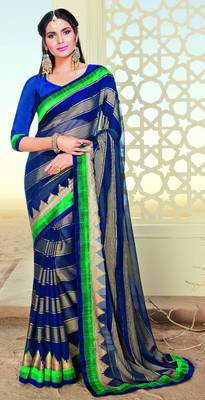Blue printed brasso saree with blouse 1