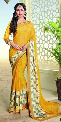 Yellow printed brasso saree with blouse 1