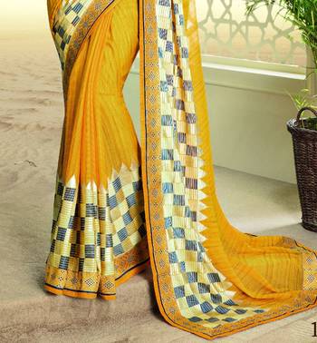 Yellow printed brasso saree with blouse 2