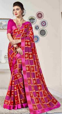 Pink printed brasso saree with blouse 1
