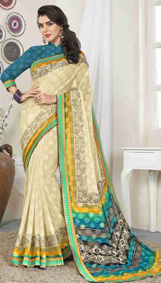 Cream printed brasso saree with blouse 1
