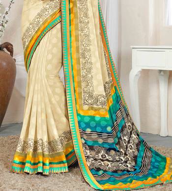 Cream printed brasso saree with blouse 2