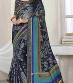 Blue printed brasso saree with blouse