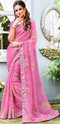 Pink printed brasso saree with blouse 1