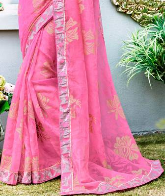 Pink printed brasso saree with blouse 2