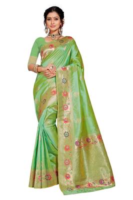 Green woven banarasi saree with blouse 1