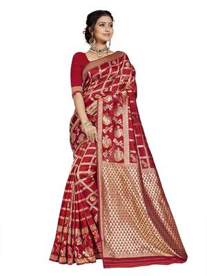 Maroon woven banarasi saree with blouse 1