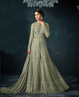 Mehendi Embroidered Net Salwar With Dupatta 1