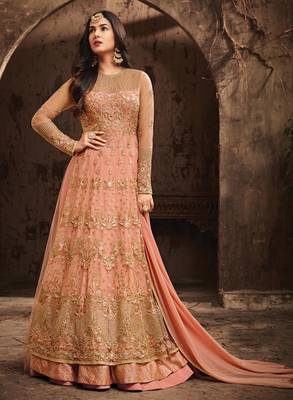 Peach Embroidered Net Salwar With Dupatta 1