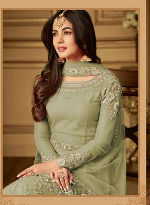Mehendi Embroidered Net Salwar With Dupatta 2