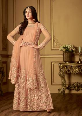 Light-Orange Embroidered Net Salwar With Dupatta 1