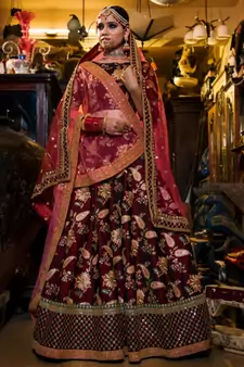  maroon embroidered bridal lehenga set choli with dupatta