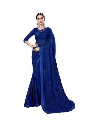 Blue embroidered chiffon saree with blouse 1