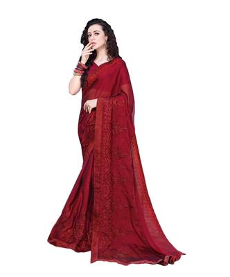 Maroon embroidered georgette saree with blouse 1