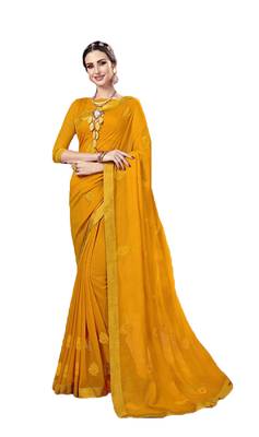 Yellow embroidered chiffon saree with blouse 1