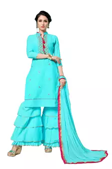 Sky-Blue Embroidered Cotton Salwar With Dupatta