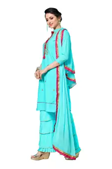 Sky-Blue Embroidered Cotton Salwar With Dupatta