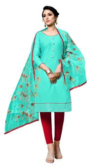 Sea-Green Embroidered Cotton Salwar With Dupatta