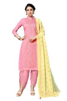 Pink Embroidered Cotton Salwar With Dupatta
