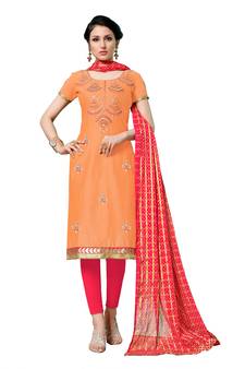 Peach Embroidered Cotton Salwar With Dupatta