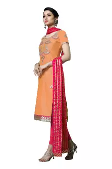 Peach Embroidered Cotton Salwar With Dupatta