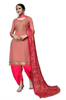 Peach Embroidered Cotton Salwar With Dupatta