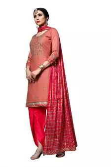 Peach Embroidered Cotton Salwar With Dupatta