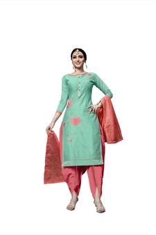Olive Embroidered Cotton Salwar With Dupatta