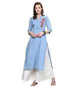 Sky-blue embroidered denim kurti