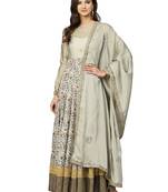 Green Satin Floral Print Anarakali With Dupatta