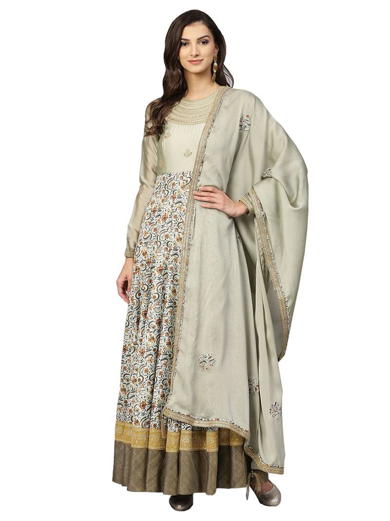 Green Satin Floral Print Anarakali With Dupatta