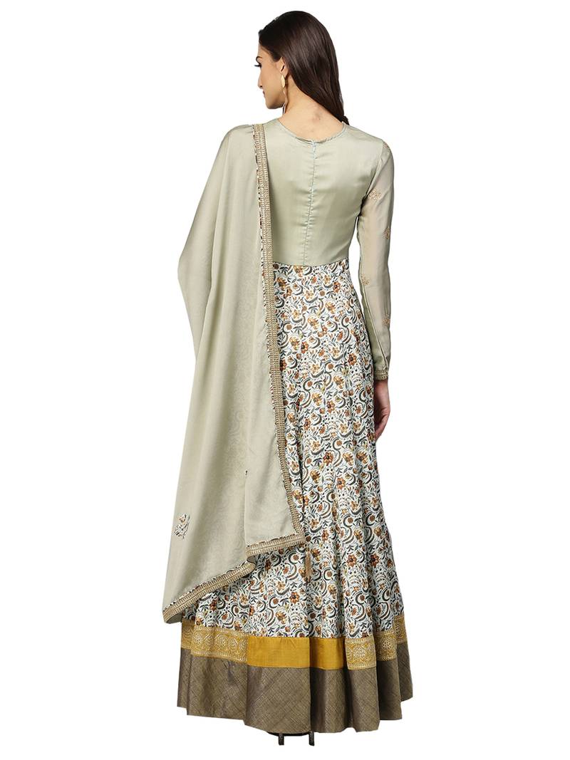 Green Satin Floral Print Anarakali With Dupatta
