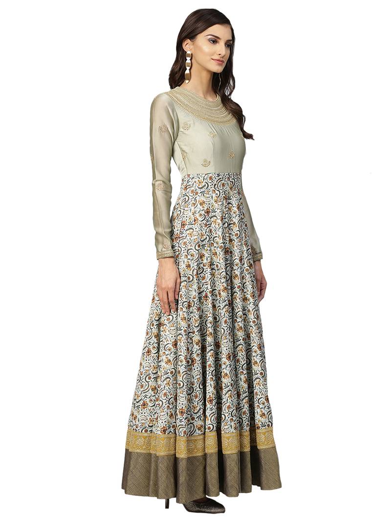 Green Satin Floral Print Anarakali With Dupatta