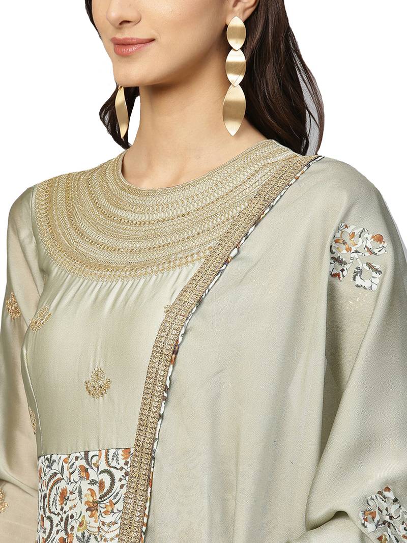 Green Satin Floral Print Anarakali With Dupatta