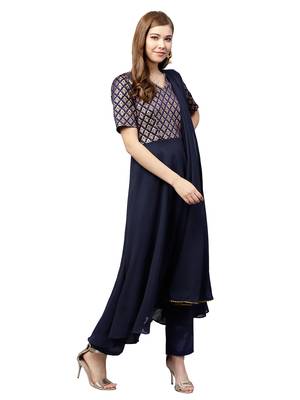 Navy Blue Georgette Woven Anarkali Suit Set 1