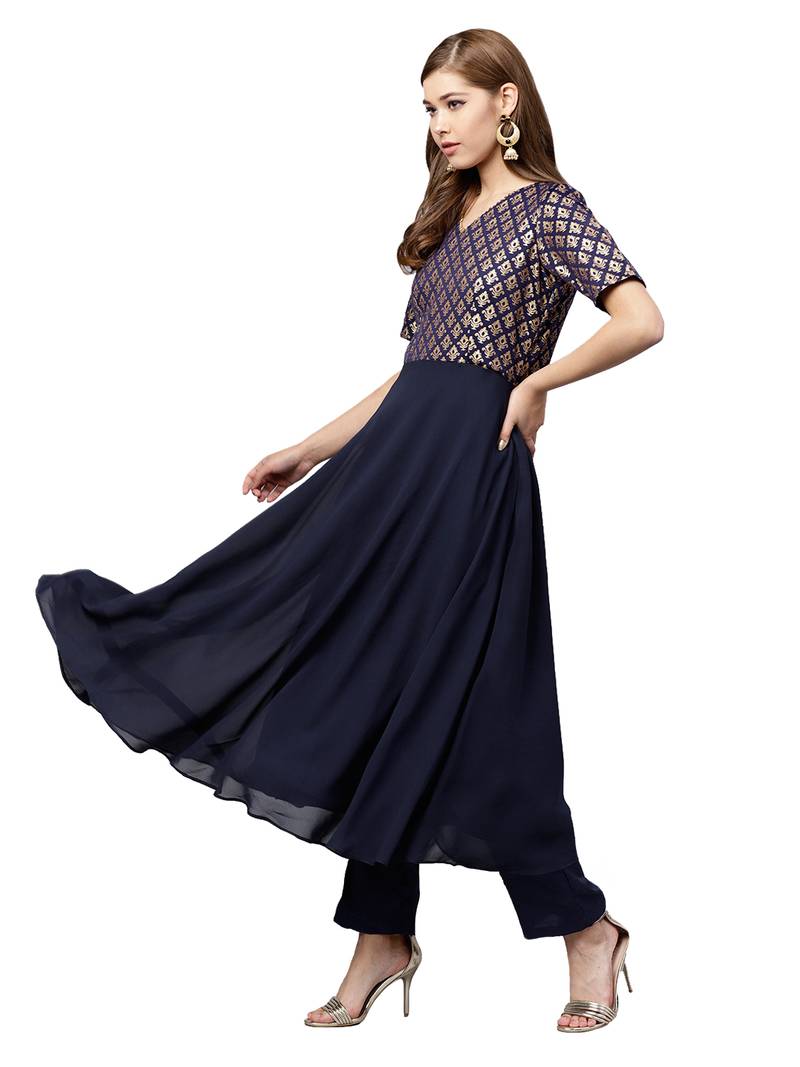 Navy Blue Georgette Woven Anarkali Suit Set