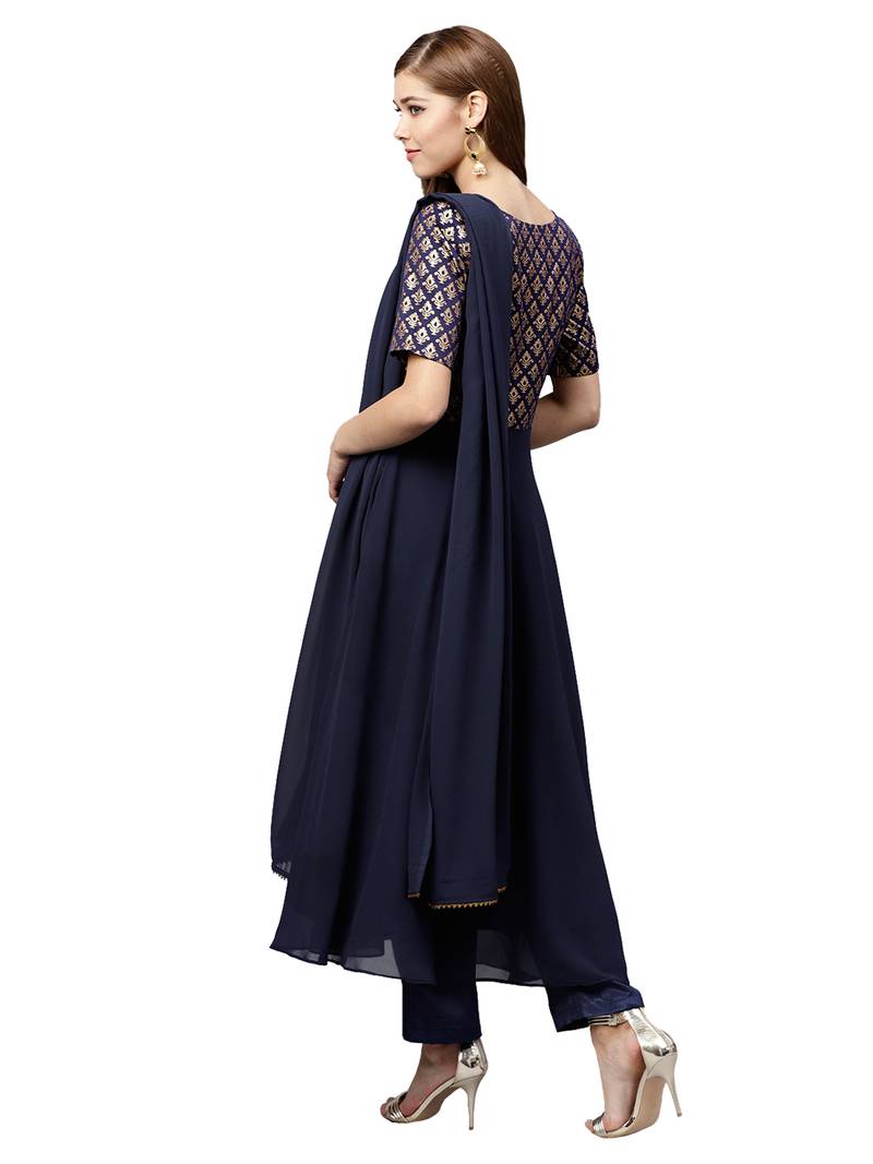 Navy Blue Georgette Woven Anarkali Suit Set